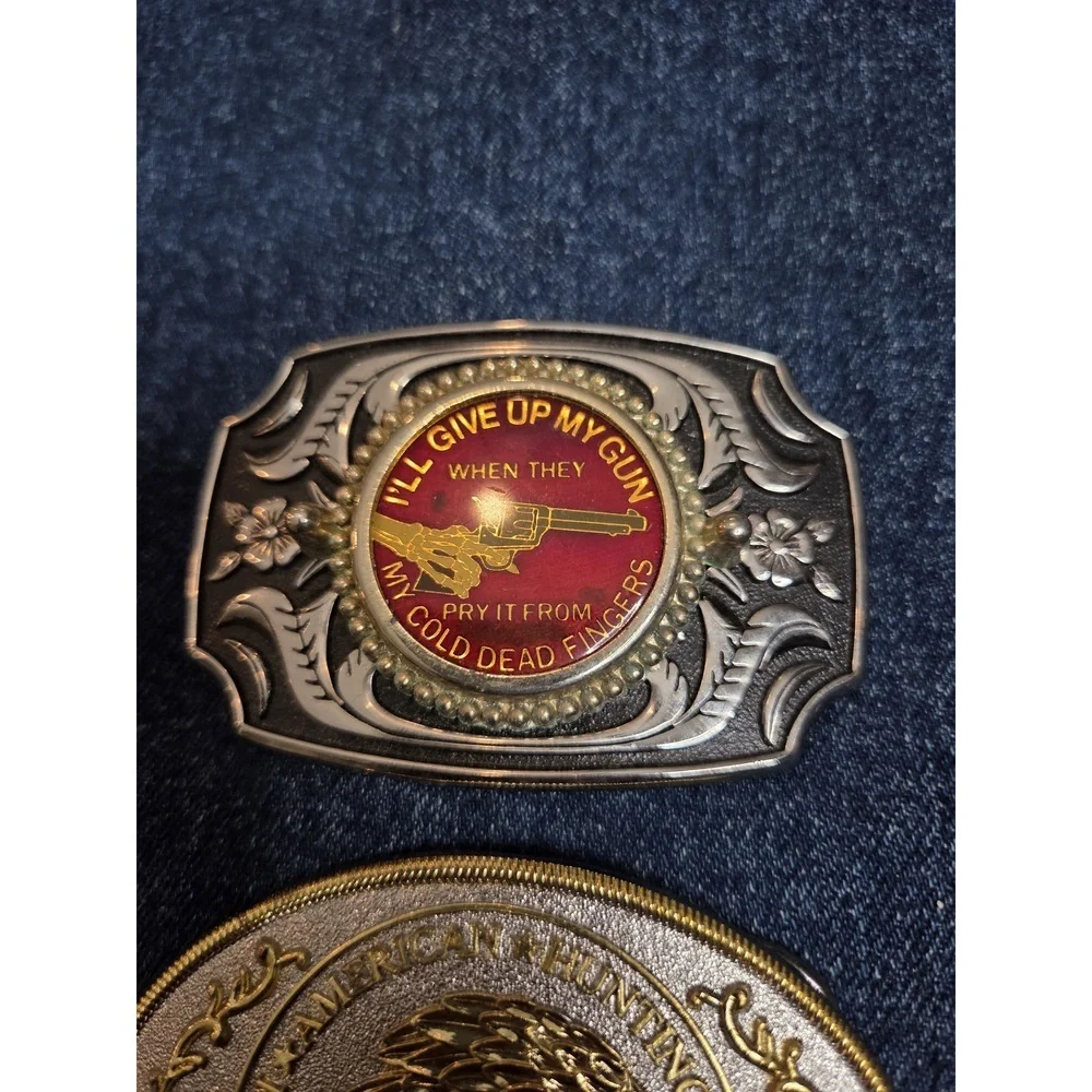 Lot of 2 Hunting Club & Gun Rights Emblem Belt Buckles - Silver Gold